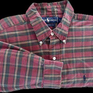 POLO Ralph Lauren Men's Burgundy/Hunter Green Plaid Button Down Oxford Shirt: L